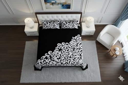 Image of Fresh from Loom Printed Bedsheet Abstract Print Bedsheet Set, Crafted in Chenille 500 TC Fabric with 2 Pillow Covers, Comfortable Breathable Bed Cover, Be 90x100 Inches | Trangle Black | Chenille