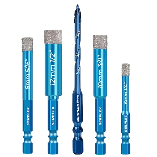 Image of Serplex 5Pcs Tile & Glass Drill Bit Set 6-12mm Diamond Coated Core Bits with 8mm Twist Drill and 1 /4-Inch Hex Shank for Electric Drills Compatible with Ceramic, Masonry, Concrete, and Glass Tasks