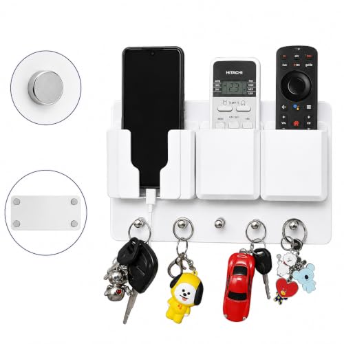Image of Rainbow Dots ABS Remote Holder with Stainless Steel Key Hooks & Mobile Stand - Modern Wall Mount Organizer for Living Room, Entryway & Office (Magnetic White Key)