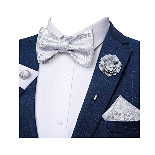 Dibangu Men's Silver Grey Bowtie And Lapel Pin Set Silk Woven Self-Tied Bow Tie Pocket Square Cufflinks Set #TOP1