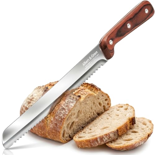 Albert&Grace 10.5-Inch Serrated Bread Knife with Full-Length Sheath – Ultra Sharp, Low-Crumb Slicing for Sourdough, Homemade Bread & Bagels