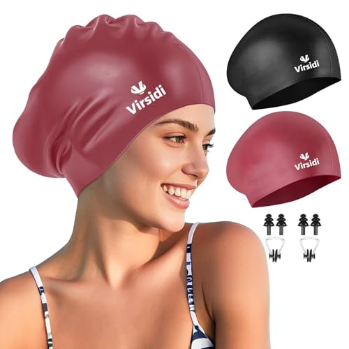 2 Pack Large Swim Caps for Long Hair, Silicone Swimming Cap for Adult Women Men, Waterproof Swim...