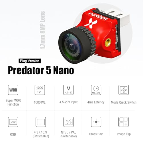 Image of Foxeer FPV Camera Predator V5 Nano 1.7mm Lens 4ms Low latency 1 /3 inch CMOS