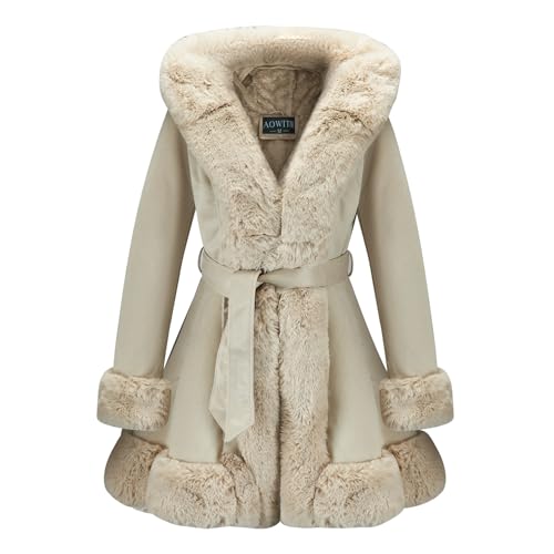 Suede Jacket With Faux Fur Collar for Women,Winter Warm Coat with Belt Outerwear