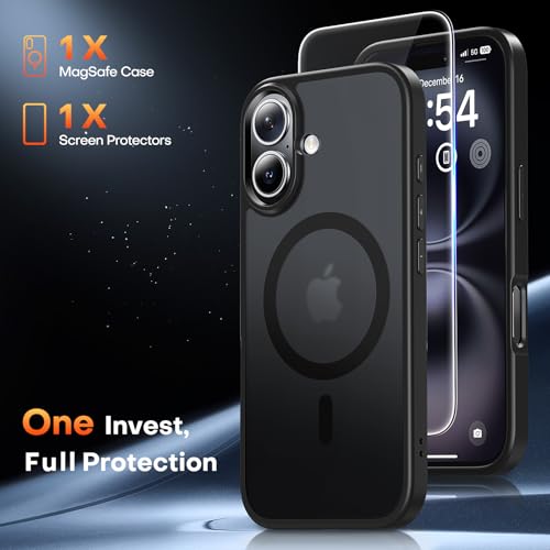 Image of TAURI for iPhone 16 Case, Compatible with MagSafe, Matte Black | with Screen Protector, Not-Yellowing Military-Grade Protection, Shockproof Slim Magnetic Case for iPhone 16