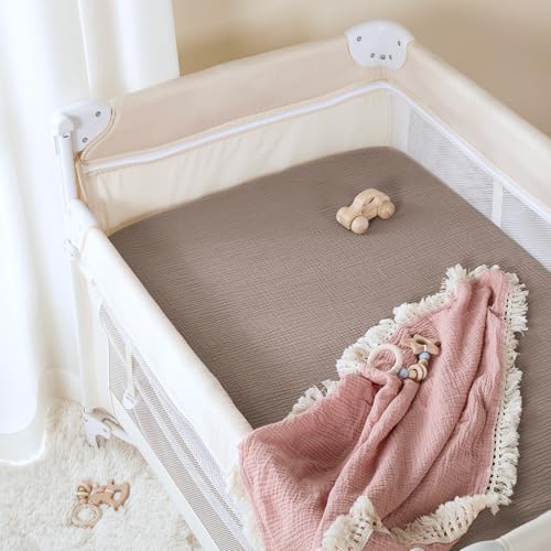 Image of TILLYOU Muslin Mini Crib Sheets 2 Pack, Pack and Play Mattress Sheets Fitted for Pack N Play, 38 x 26 Sheet for Toddler, Grey Brown and Light Brown