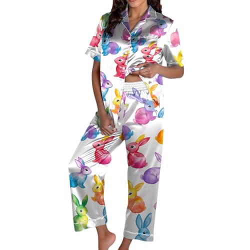 Pijama para mujer divertido de Pascua estampado conjunto de pijama manga corta cuello solapa con botones camisa y pantalones de dormir ropa de dormir de dos piezas ropa de dormir de verano ropa de