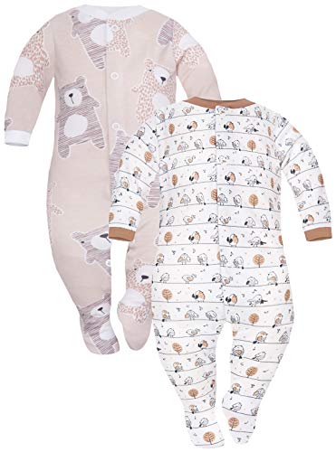 Sibinulo Jungen Mädchen Schlafstrampler mit Fuß mit ABS 2er Pack Beige Wiese Beige Bären 80(9-12 Monate)