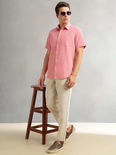 Image of Thomas Scott Men's | Solid | Linen Blend | Slim Fit | Short Sleeve | Spread Collar | Casual |Shirts for Men