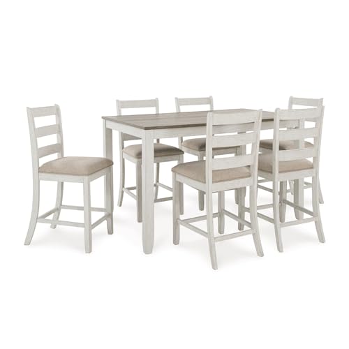 Signature Design by Ashley Skempton Modern Farmhouse Counter Height Dining Table and Upholstered Bar Stools, Set of 7, White & Light Brown