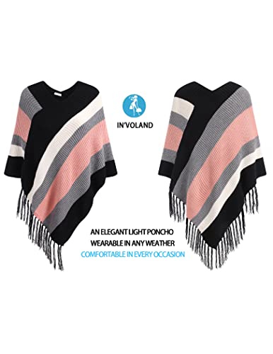 IN'VOLAND Women's Shawl Wraps Knitted Shawl with Fringed Capelet V-Neck Striped Poncho Sweater Pullover Cape for Women3