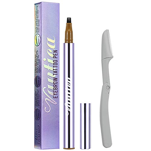VANTICA Microblading Eyebrow Tattoo Pen - Liquid Microblading Pen Waterproof Eyebrow Pencil with 3 Micro-Fork Tips Creates Long-lasting Natural Eye Brows Look, Chestnut(Dark Brown)