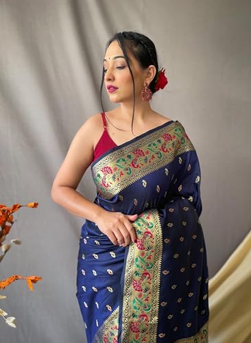 Image of SGF11 Women's Paithani Soft Lichi Silk Kanjivaram Sarees With Blouse Piece (Dark Blue)
