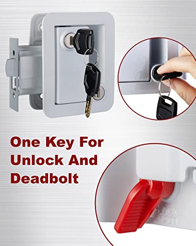 Image of RV Camper Door Lock Latch Deadbolt Lock Entry Side Door Lock with Handle for Travel Trailer 5th Wheel Universal Security RV Compartment Side Door Latch, White, Pack of 1 Lock+ 6 Keys Alike