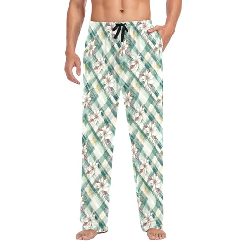 Mens Cotton Pajama Pants Sleep Lounge Pj Bottoms Sleepwear with Pockets Drawstring S Flower Decorative