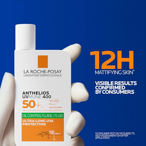 Image of La Roche-Posay Anthelios UVMUNE400 Oil Control SPF50+ Fluid Sunscreen, 50ml | UVMUNE400 to combat ultra-long UVA rays and prevent deep skin damage like aging. use Anthelios for oil control benefits.
