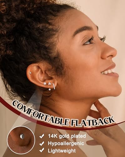 Hypoallergenic Flat Back Earrings Dainty 14k Gold plated Cartilage Earring Sets for Multiple Piercing 20G Surgical Stainless Steel Earrings for Women Trendy Small Hoop Flatback Stud Earrings Stacks3