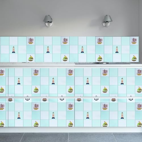 Image of SARVATRAY Self-Adhesive Wallpaper, Oil Proof Heat Resistant Kitchen Stickers, Vinyl Sheet for Wall 2 X 6.5 SQ FT (2 M Ship Theme Blue WS)