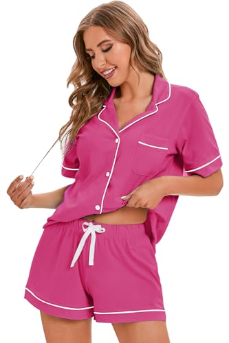 Image of LUBOT 100% Cotton Pajamas for Women 2 Piece PJ Set Button-Down Soft Knit Short Sleeve Summer Sleepwear Loungewear XS-XXL