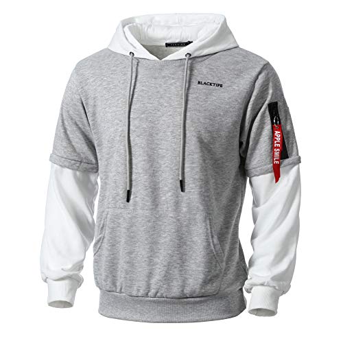 wetailor Mens Patchwork Hoodie Sweatshirt Male Tracksuit with Pocket (Gray, Large)