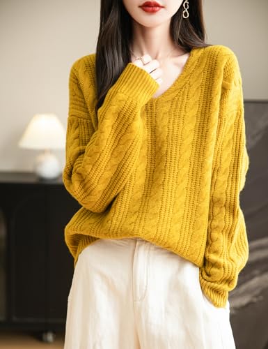 Image of Chanyarn Women's V Neck 100% Merino Wool Oversized Sweater 2025 Fall Winter Vintage Cable Long Sleeve Knit Sweater