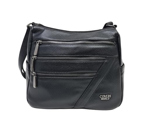 Bolso de hombro mujer Bolso bandolera suave ecopiel multibolsillos Correa ajustable Dimensiones: 27 X 25 X 11 cm. Art. 4340 Marca Coveri, Negro , 27 X 25 X 11