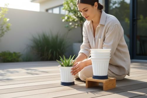 Image of TechHark WhitePlastic Plant Pots with Saucer, Ribbed Style, for Indoor and Outdoor Use, Set of 5