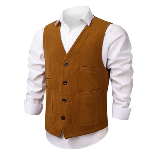 Men Corduroy Tweed Suit Vest,Vintage Western Cowboy Casual Slim Dress Vest,Formal Wedding Steampunk Suit Vests