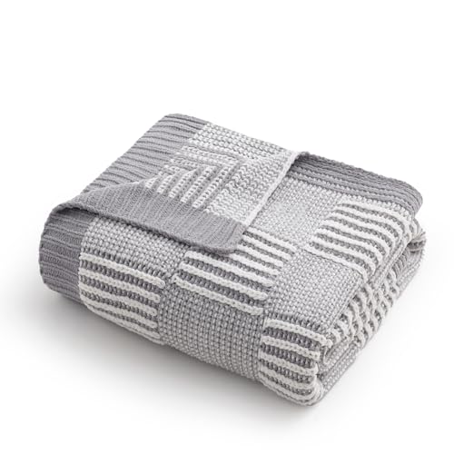 Amélie Home Checkered Knit Throw Blanket for Couch, Chenille Texture Decorative Soft Blanket for Sofa & Chair, 50"x60", Grey & White