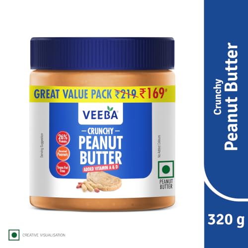 Image of Veeba Peanut Butter Crunchy | High Protein | Naturally Gluten Free | Vegan | No Added Preservatives | Added Calcium, Iron, Vitamin A & D | No Added Colour & Flavour | Non GMO | 320 g