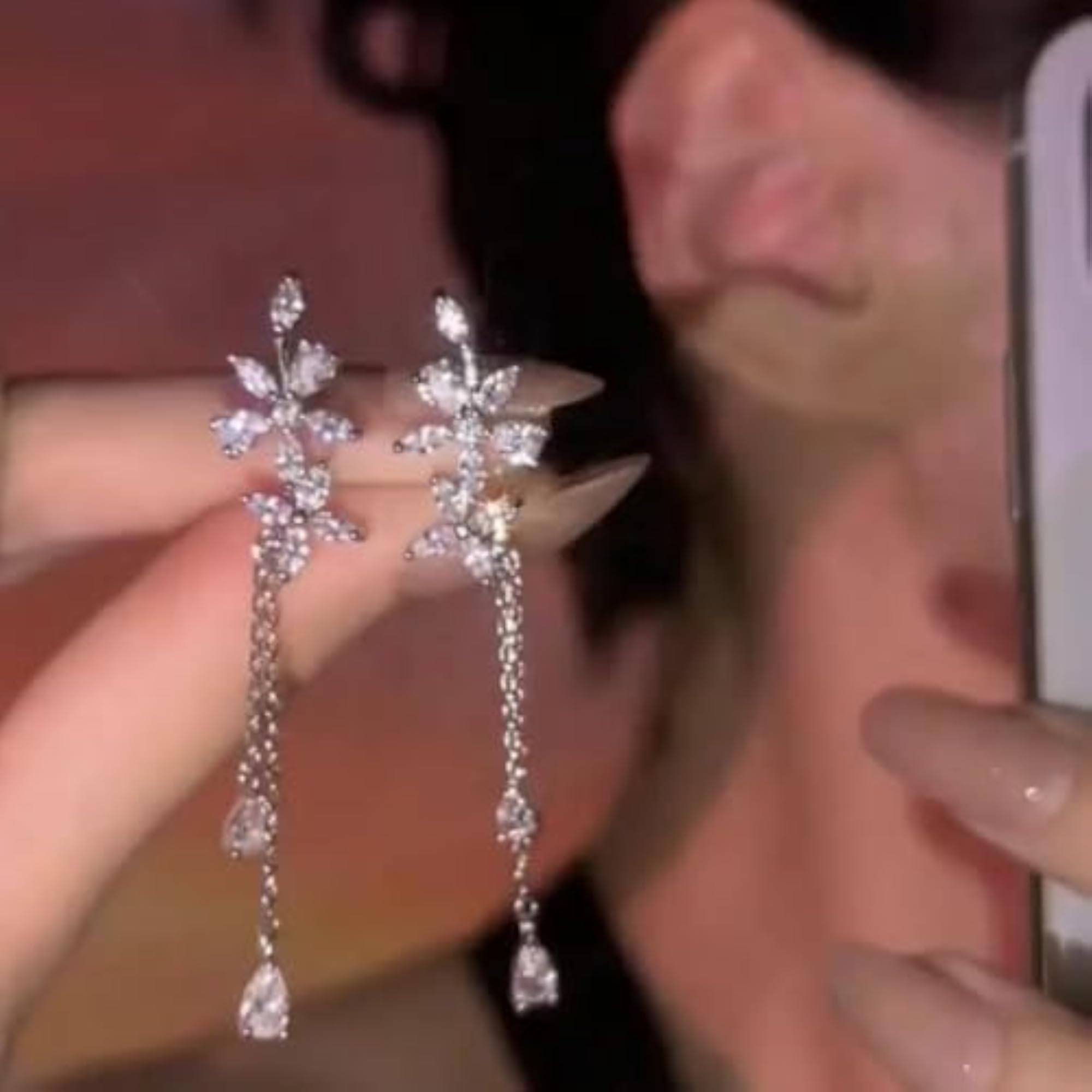 Women's Elegant Crystal Flower Dangle Earrings, Silver Tassel