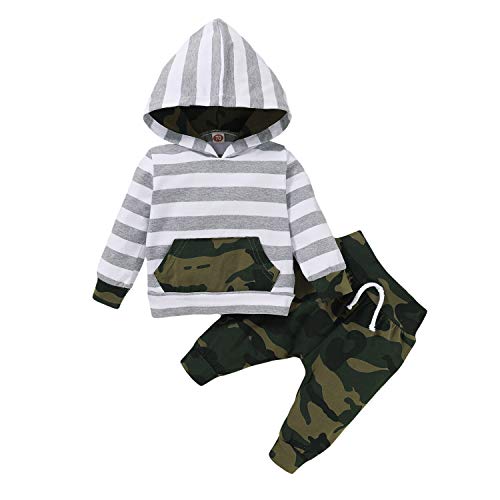 Toddler Boys Winter Outfits Infant Baby Clothes Long Sleeve Hoodie Tops 2Pcs Camouflage Striped Sweatsuit Pants Outfit Set 9-12 Months