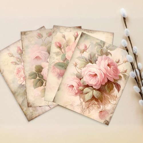 Image of laveliabel Vintage Pink Rose Wall Art Prints Set of 4 Unframed, Floral Wall Decor, Shabby Chic Pink Floral Botanical Poster Prints for Cottagecore Home Room Wall Decor 8x10 Inches