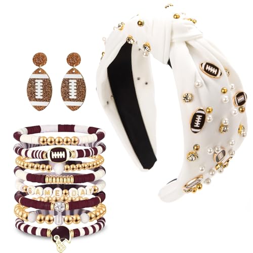 10 Pcs Football Accessories with Women's Football Headband Game Day Football Charm Bracelet Earrings Jeweled Knotted Fashion Cute Wide Headband for Mother's Day Christmas Birthday Gifts(Football)