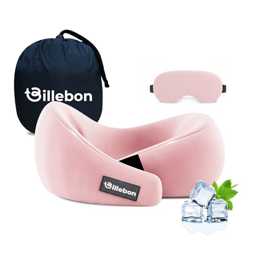 Billebon Gel Infused Memory Foam Neck Pillow, Travel Pillow with Adjustable Velcro Straps, Neck Pillow for Travelling & Flight Travel, Ergonomic Support for Comfort & Pain Relief(Pink Combo)