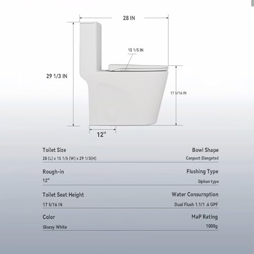 Inodoro de una pieza con asideros plegables integrados, altura ADA de 17 pulgadas para adultos mayores y personas con discapacidad, capacidad de 480 lb, asideros de acero al carbono, sistema de doble descarga Tornado de 1,1/1,6 GPF, sifón de 12 pulgadas miniatura 2
