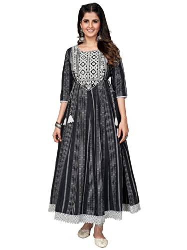 Image of Vbuyz Women's Cotton Blend Print & Embroidered Anarkali Stitched Kurta