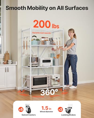 Image of VEVOR 4-Tier Foldable Storage Shelf, 36W x 21D x 60 H Inch Folding Metal Rack Shelving Unit, No Assembly Organizer Shelf with 5 Wheels & 4 Hooks for Pantry, Kitchen, Garage, Basement, White