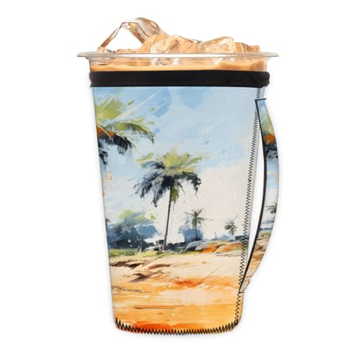 Abstract Hand Painted Coconut Beach Reusable Neoprene Coffee Sleeve with Handle Insulated Iced Coffee Cup Holder Reduces Condensation Fits 24-28 oz Cups M