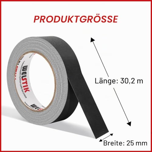 WELSTIK Dünnes Gaffelband 25MM * 30,2M Gaffaband Mattes Stoffband, Schwarz