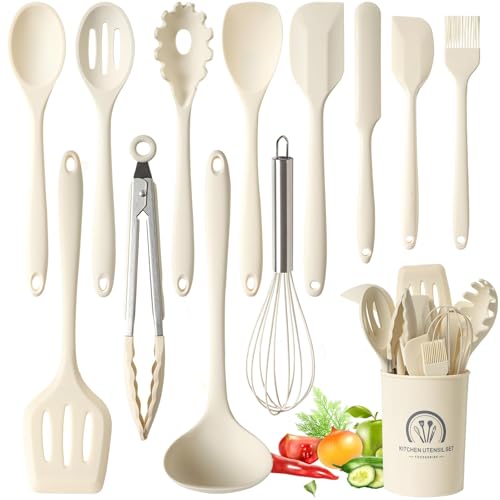 Omtofo 13 Piezas Utensilios de Cocina de Silicona, juego Utensilios de Cocina Resistencia al Calor y Antiadherente, sin BPA, con Cubo para Guardar Utensilios