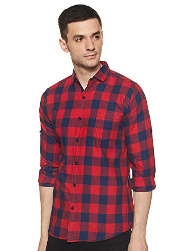 Image of Men's Red Cotton Full Sleeve Checkered Casual Shirt