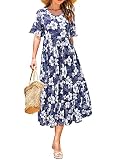 STYLEWORD Womens Summer Floral Midi Dresses Casual Hide Belly Fat Hawaiian Short Sleeve with Pockets