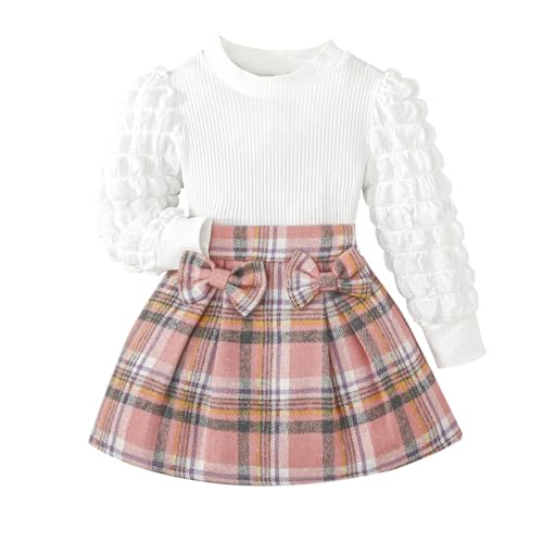 Image of Noubeau Toddler Girls Plaid Outfits Girls Puff Sleeve Knit Ribbed Shirt Tops Plaid Skirt Set Kids Fall Winter Clothes