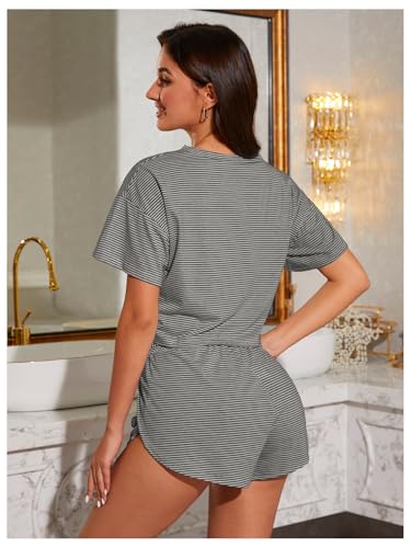 Image of OYOANGLE Womens Pajama Sets 2 Piece Sexy Lounge Sets Summer Cute Pjs Striped Print Tee and Side Split Shorts Set