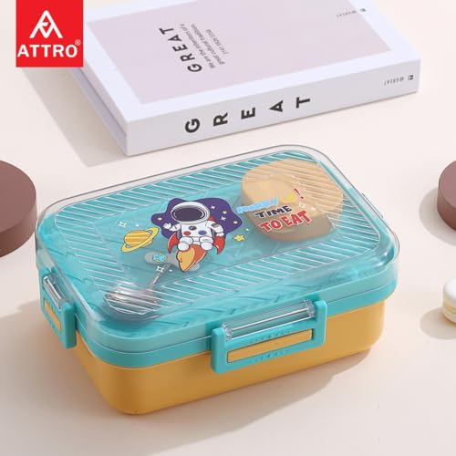 Image of ATTRO Monark Astro Themed Kids Lunch Box with Inner Steel 3 Compartment 1 Small Container, 1 Spoon & Separate Internal Lid Leakproof- 750ml+70ml Blue