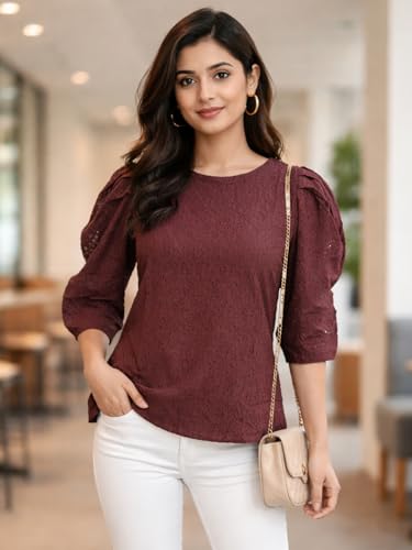 Image of Style Quotient Women self Design Maroon Cotton top