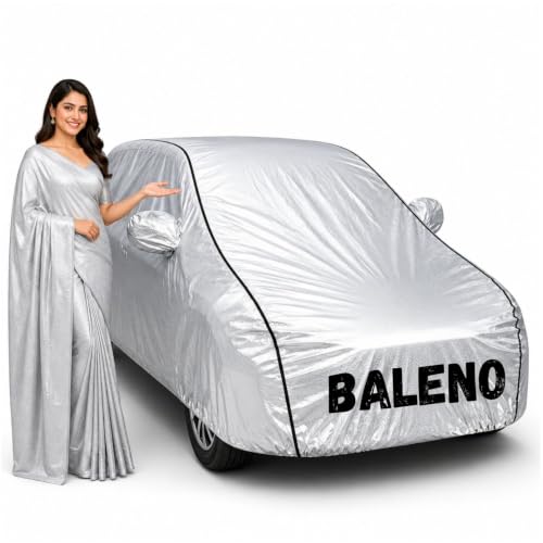 Image of Waterproof Car Body Cover for Baleno All Weather Protection Comes with Inner Cotton Lining & Triple Stitched with Mirror & Antenna Pocket Belt & Elastic Fit Metallic Silver with Black Piping1