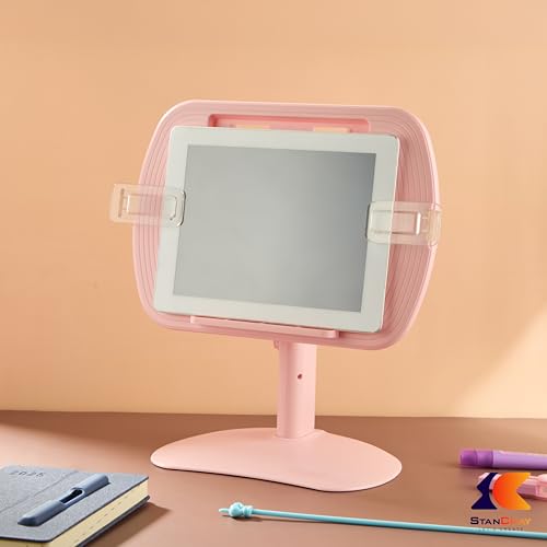 Image of 1 Compartment Portable Adjustable Tablet Holder with Folding Hands Rotatable Book Stand Holder for Reading - Ideal for Cookbooks, Sheet Music, and More - Textbook Holder Organizer (Pink)
