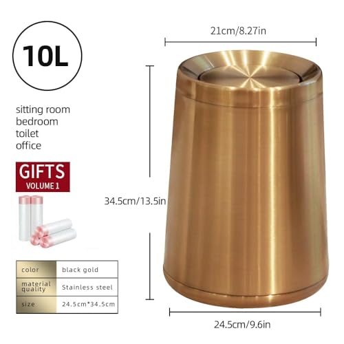 Image of 10 L /2.6Gallen,Swing Lid Gold Brass Trash Can,Brushed Nickel Garbage Can Bathroom with Flipping Lid,for Bathroom, Living Room,Bedroom,Hotel (Rose Gold)